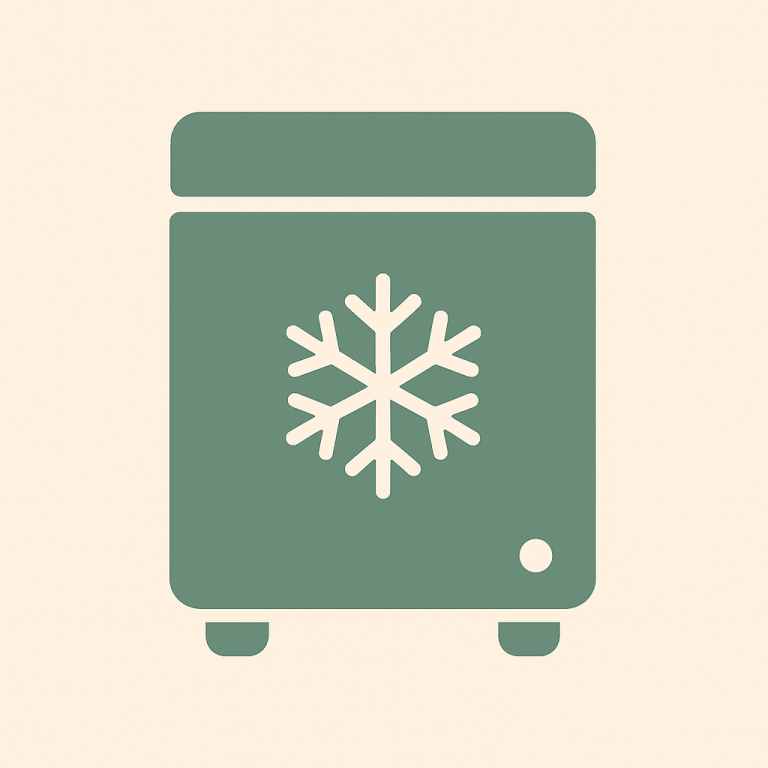 Groene vriezer met een sneeuwvlok icoon, op een lichte achtergrond.